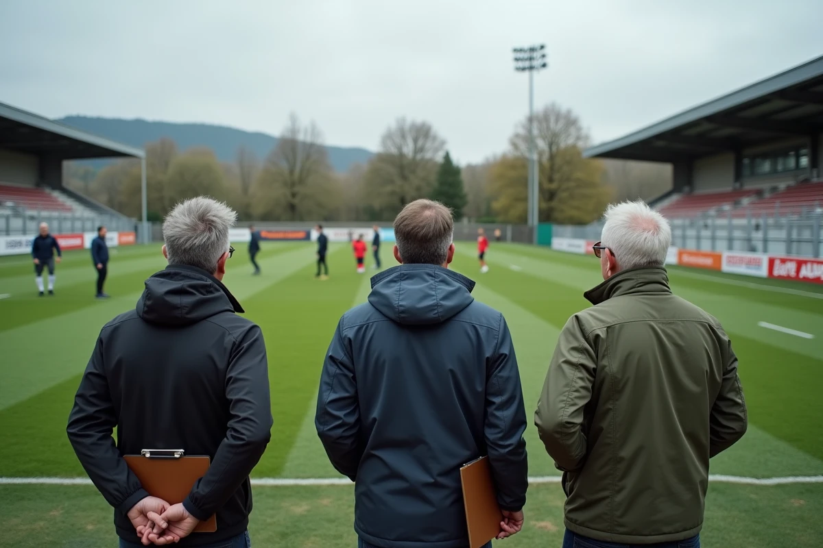 Membres du Comité Drôme Ardèche Football en commission de surveillance observant un entraînement de jeunes footballeurs dans un stade régional