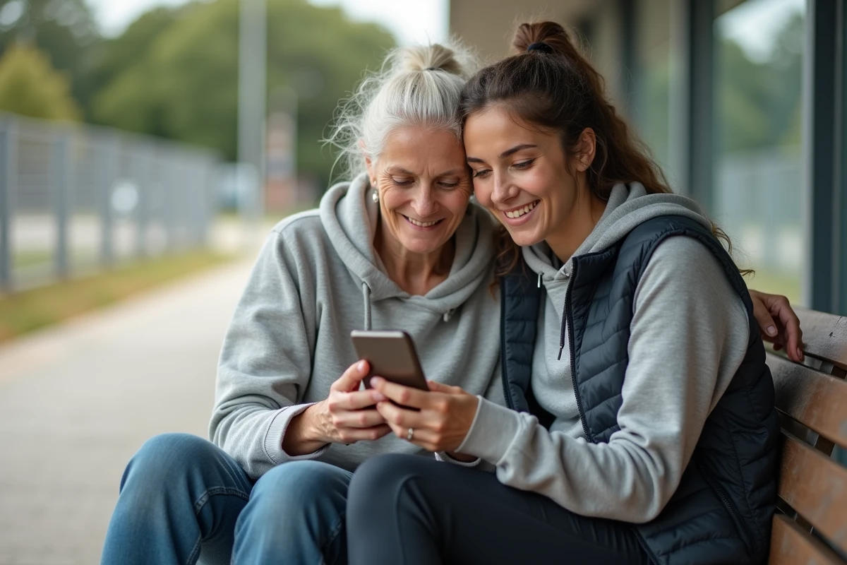 Mère et fille athlète partageant un moment complice sur un banc après l'entraînement