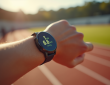 Main d'un coureur réglant une montre connectée affichant 1 mile en km