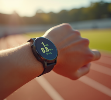 Main d'un coureur réglant une montre connectée affichant 1 mile en km