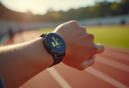 Main d'un coureur réglant une montre connectée affichant 1 mile en km