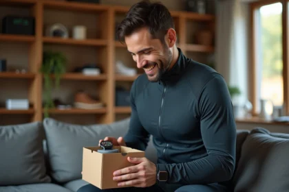 Homme souriant déballant une montre connectée dans un salon chaleureux