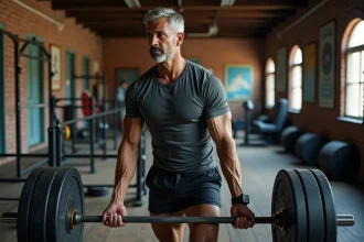 Homme musclé en salle de gym ancienne après musculation