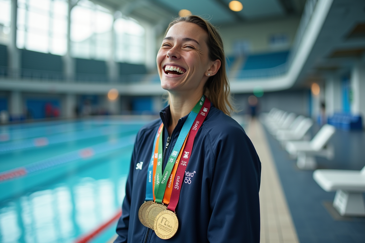Nageuse souriante près de la piscine olympique intérieure