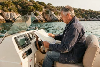 Navigateur expérimenté étudiant une carte nautique à bord d'un bateau à moteur ancré dans une crique méditerranéenne