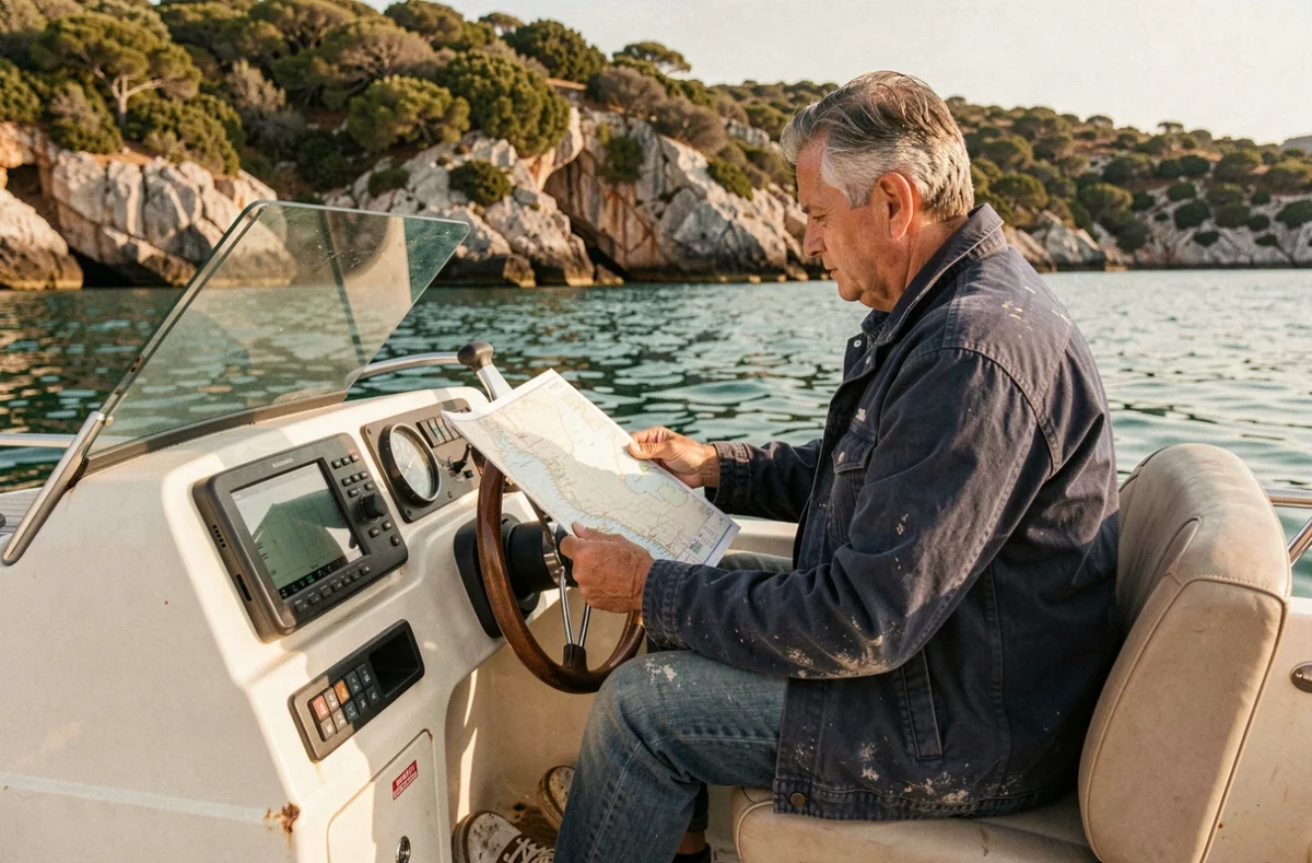 Navigateur expérimenté étudiant une carte nautique à bord d'un bateau à moteur ancré dans une crique méditerranéenne