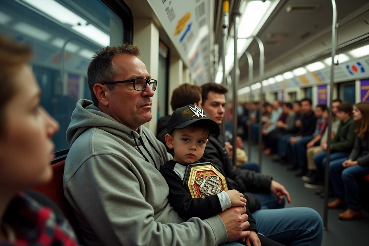 Père fatigué avec son fils dans un train après WWE