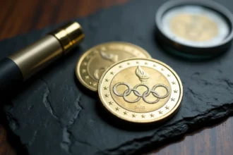Pièces de 2 euros commémoratives JO 2026 photographiées en vue de dessus sur une ardoise sombre avec une loupe de numismate