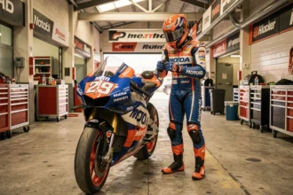 Pilote MotoGP en combinaison de course debout à côté de sa moto dans le stand lors d'une journée de Grand Prix