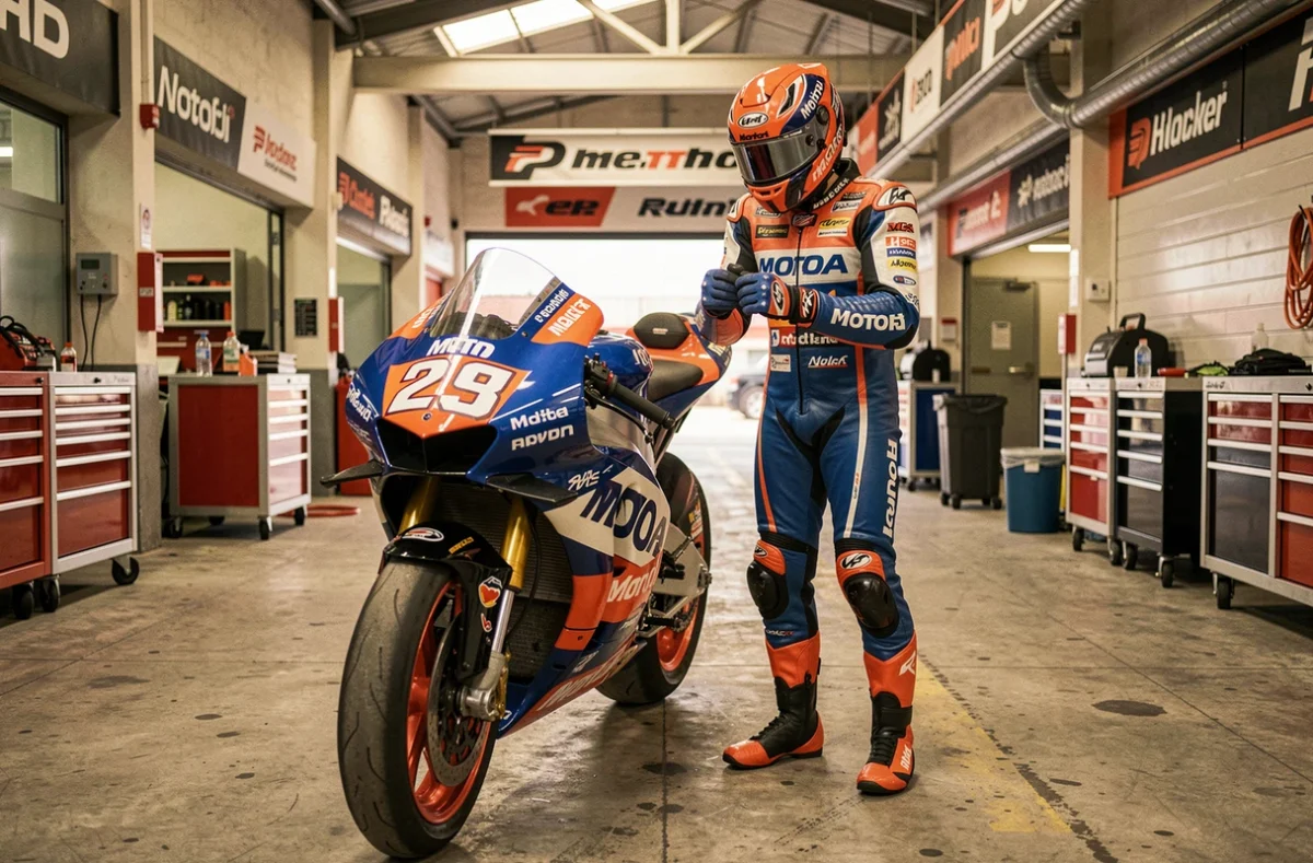 Pilote MotoGP en combinaison de course debout à côté de sa moto dans le stand lors d'une journée de Grand Prix