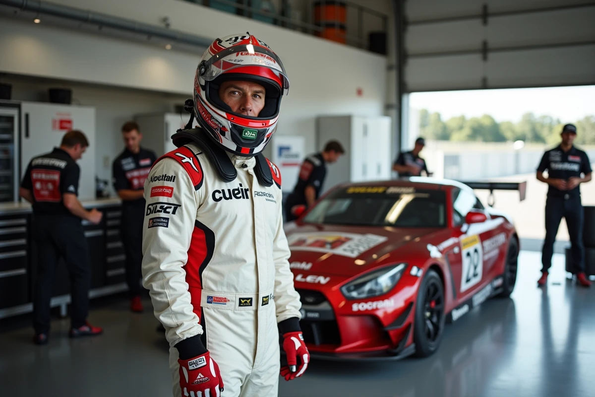 Pilote de course en combinaison ignifuge posant devant sa voiture dans le paddock d'un circuit régional