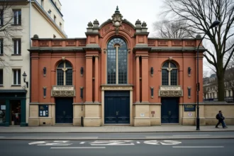 Façade historique de la piscine de la Butte aux Cailles à Paris par une matinée calme et peu fréquentée