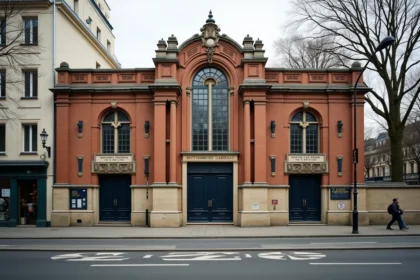 Façade historique de la piscine de la Butte aux Cailles à Paris par une matinée calme et peu fréquentée