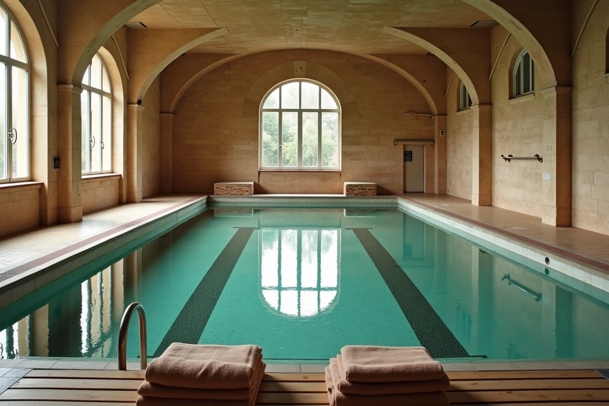 Piscine intérieure de la Butte aux Cailles à Paris avec architecture Art déco, carrelage en mosaïque et bassin calme