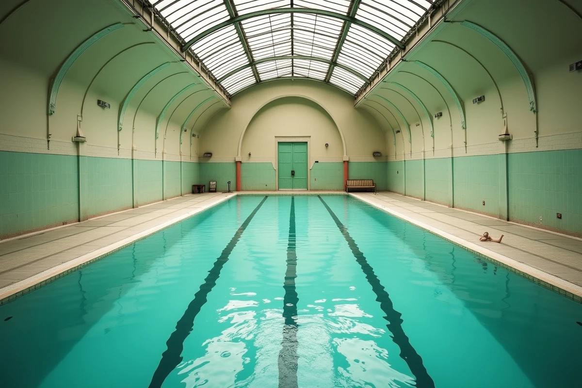 Intérieur calme de la piscine de la Butte aux Cailles avec ses carreaux Art Nouveau et ses bassins peu fréquentés