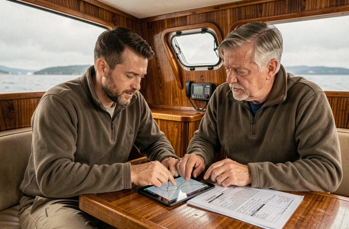 Deux navigateurs planifiant un itinéraire maritime sur tablette à l'intérieur du cockpit d'un bateau à moteur
