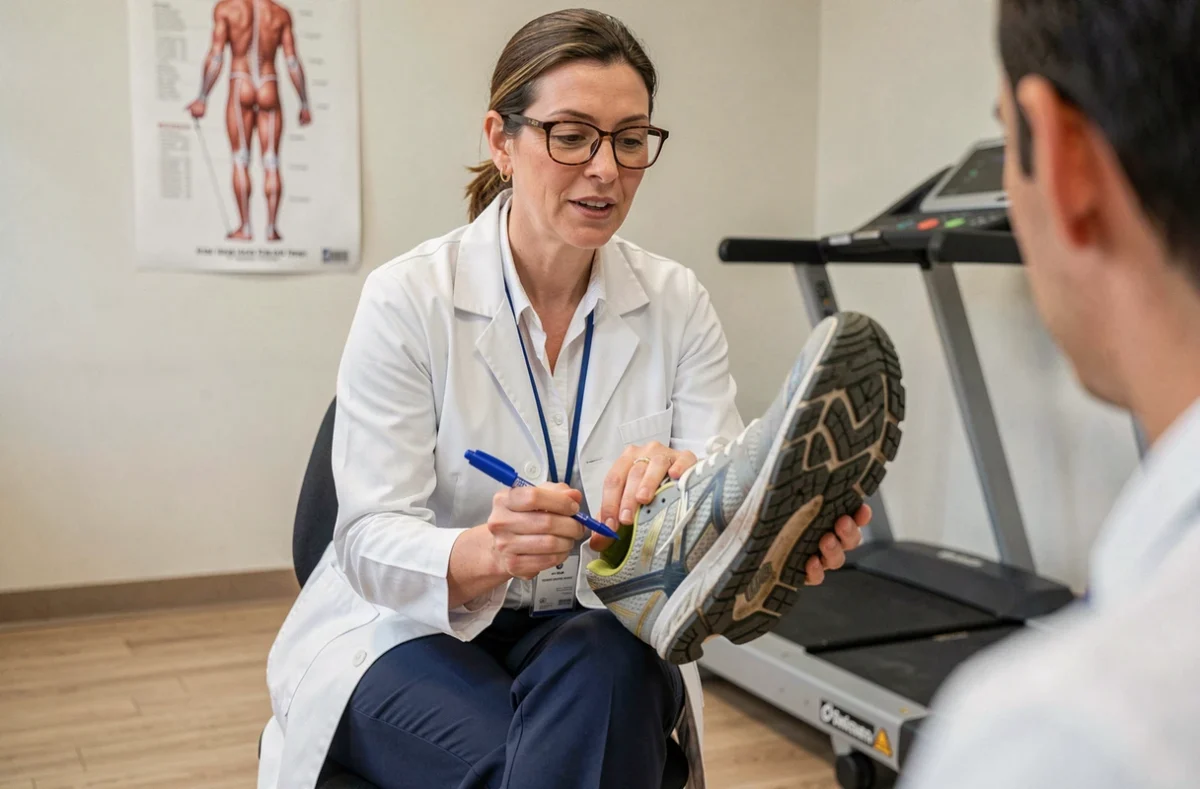Podologue examinant l'usure d'une semelle de running pour diagnostiquer un problème de pronation chez un patient