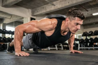 Homme musclé effectuant une pompe lestée avec une plaque de poids sur le dos en salle de sport