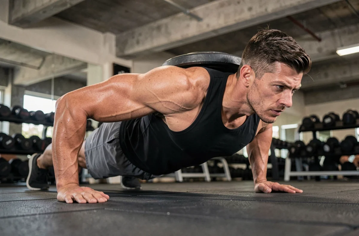 Homme musclé effectuant une pompe lestée avec une plaque de poids sur le dos en salle de sport