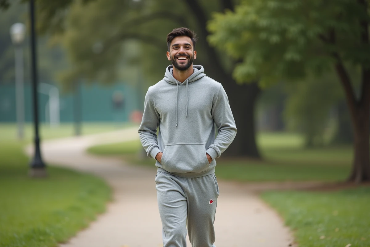 Athlète en reprise marchant dans un parc en tenue décontractée