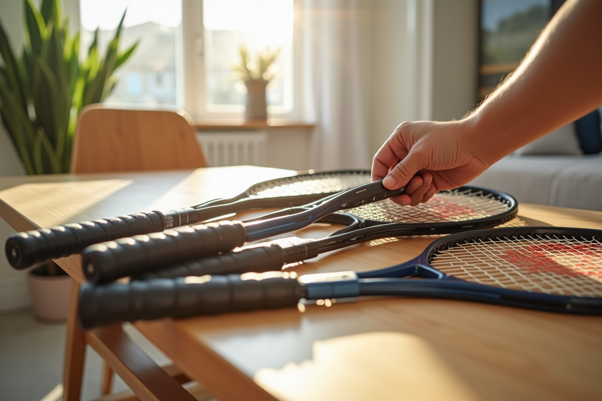 Plusieurs raquettes avec grips différents sur une table lumineuse