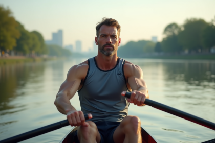 Homme d'âge moyen en tenue de sport rame sur une rivière calme