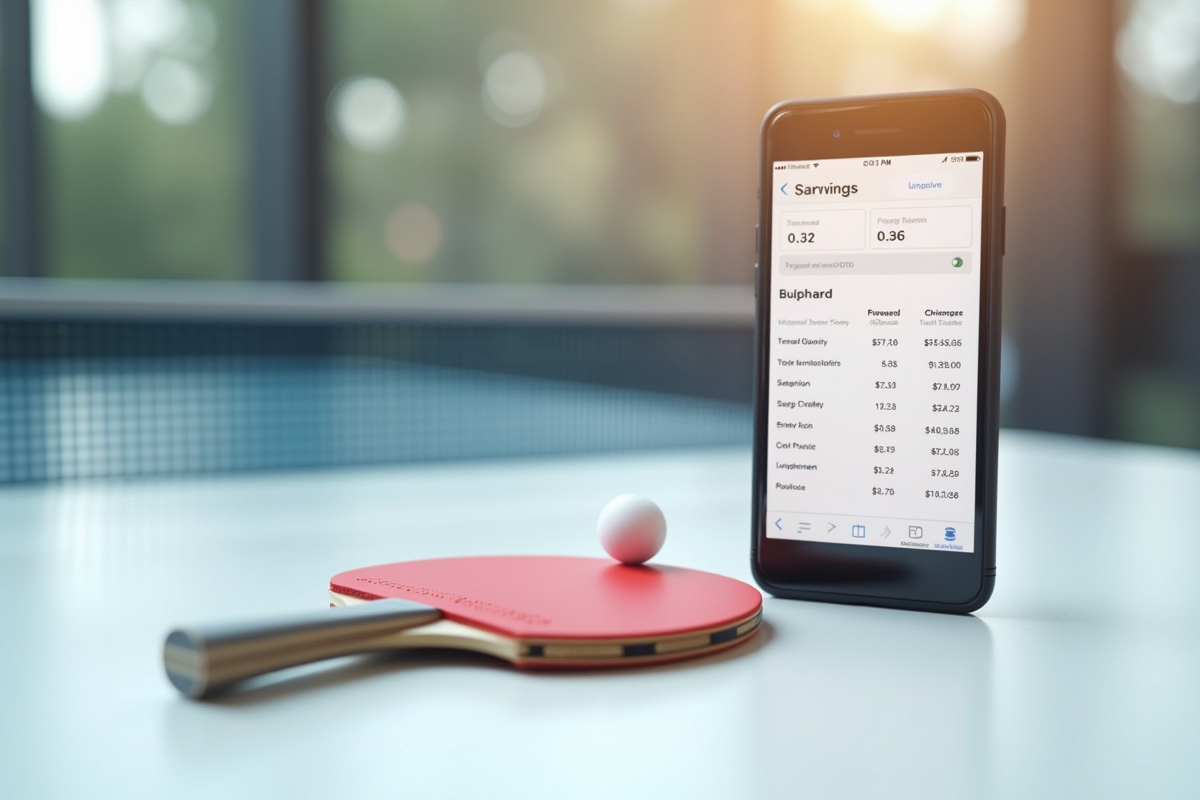 Raquette de tennis de table à côté d un smartphone affichant un graphique de prix