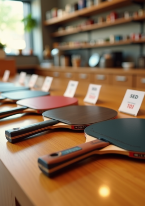 Plusieurs raquettes de tennis de table alignées sur un comptoir en bois lumineux