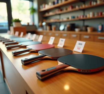Plusieurs raquettes de tennis de table alignées sur un comptoir en bois lumineux