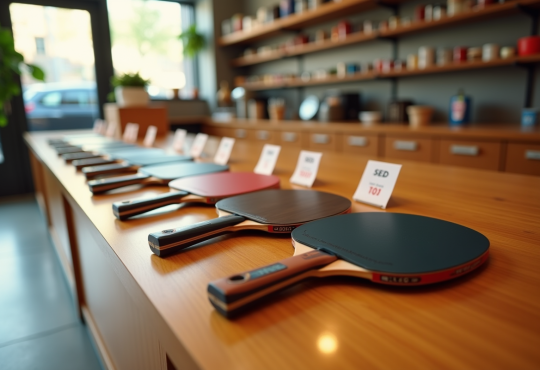 Plusieurs raquettes de tennis de table alignées sur un comptoir en bois lumineux