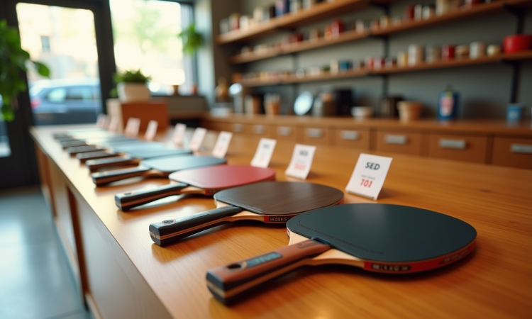 Plusieurs raquettes de tennis de table alignées sur un comptoir en bois lumineux