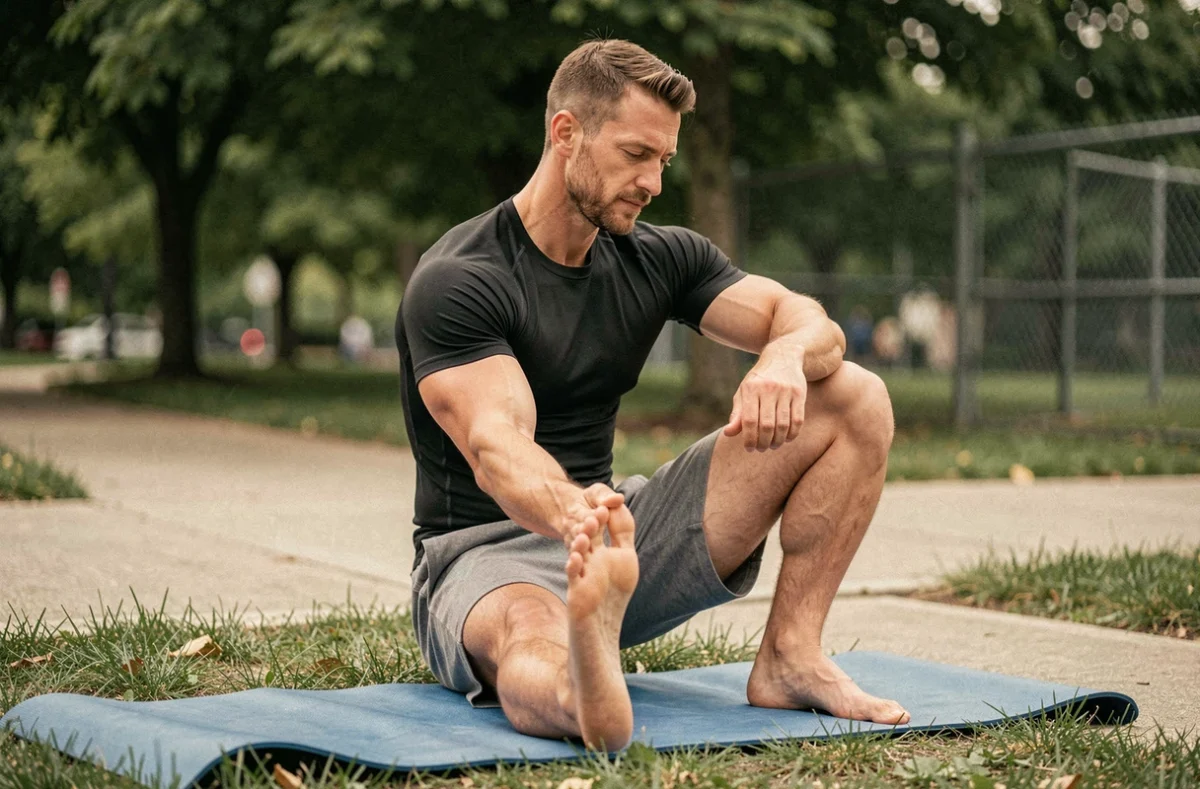 Homme musclé effectuant des étirements de récupération sur un tapis de yoga dans un parc urbain, routine de récupération musculaire après entraînement intense