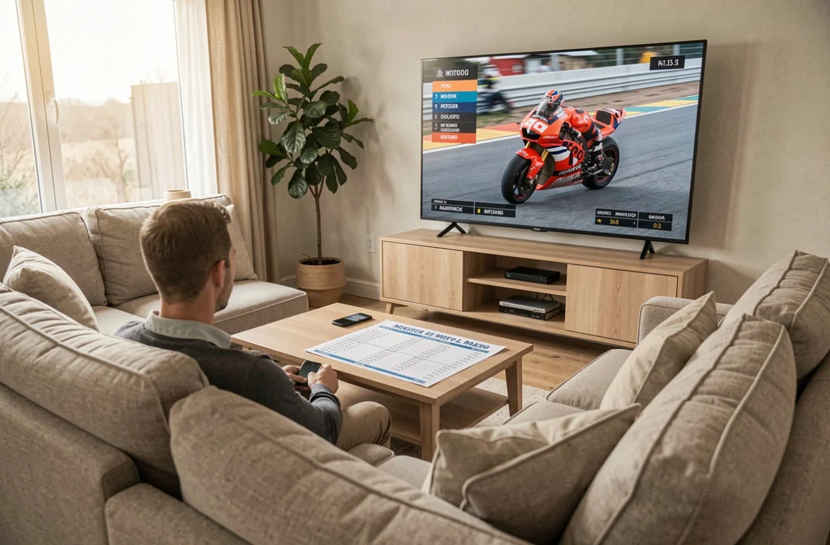 Personne regardant le MotoGP en direct sur sa télévision à domicile avec un programme de courses posé sur la table basse
