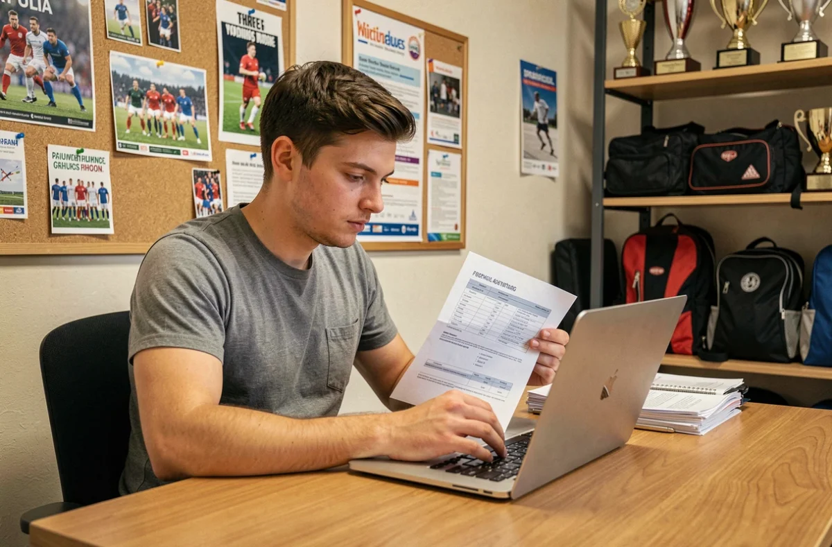 Responsable de club sportif travaillant sur un dossier de demande de financement auprès d'une County Sports Partnership dans son bureau associatif