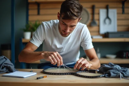 Jeune homme restringe sa raquette de tennis en intérieur