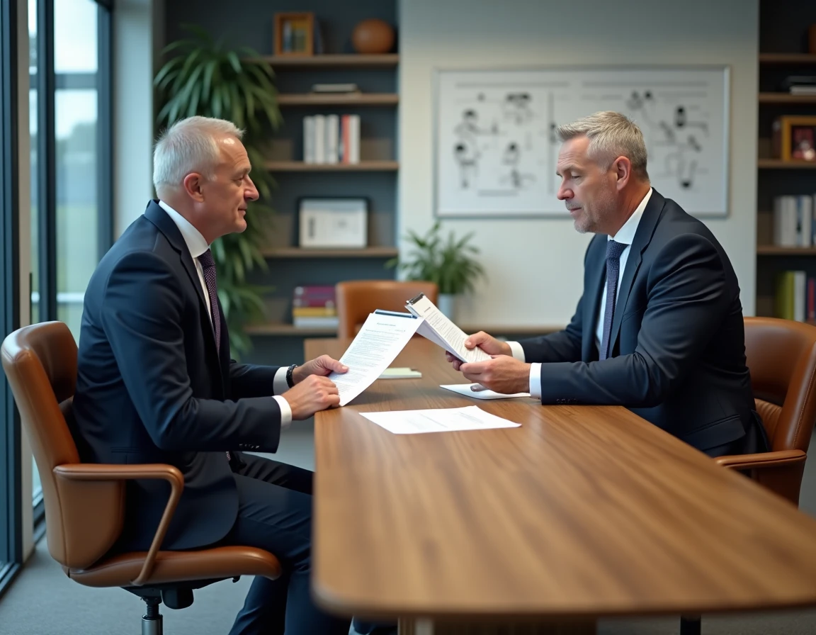 Réunion officielle entre dirigeants sportifs discutant des règles de naturalisation des joueurs de rugby, cadre institutionnel et documents officiels