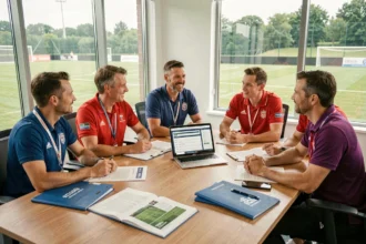 Réunion de partenariat sportif entre responsables de clubs locaux et représentants d'une County Sports Partnership autour d'une table de travail