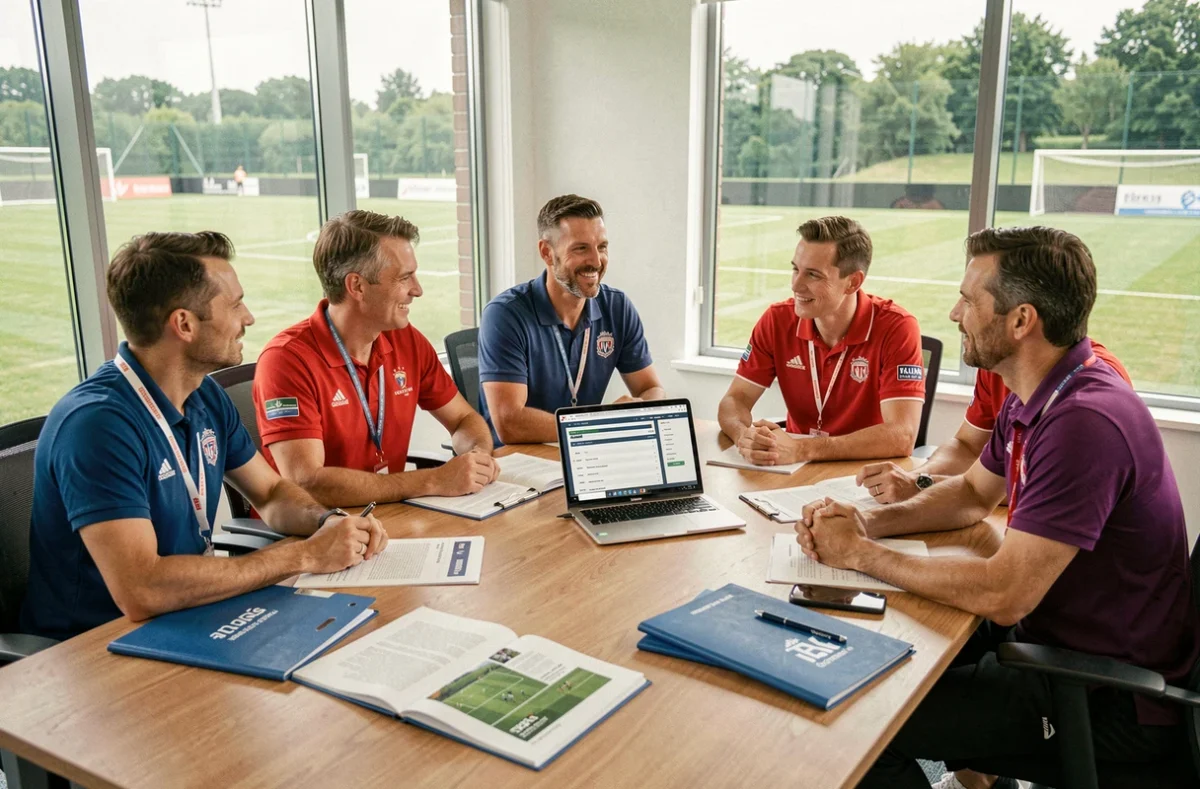 Réunion de partenariat sportif entre responsables de clubs locaux et représentants d'une County Sports Partnership autour d'une table de travail