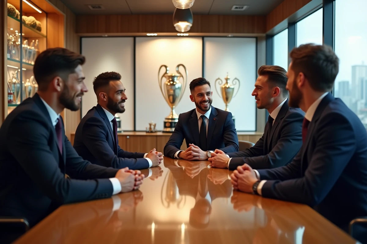 Groupe de joueurs PSG discutant dans un lounge moderne