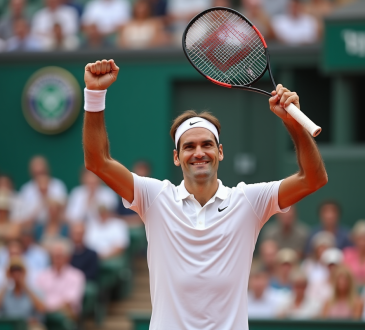 Roger Federer souriant avec raquette en main sur terre battue