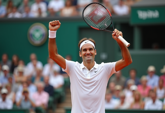 Roger Federer souriant avec raquette en main sur terre battue