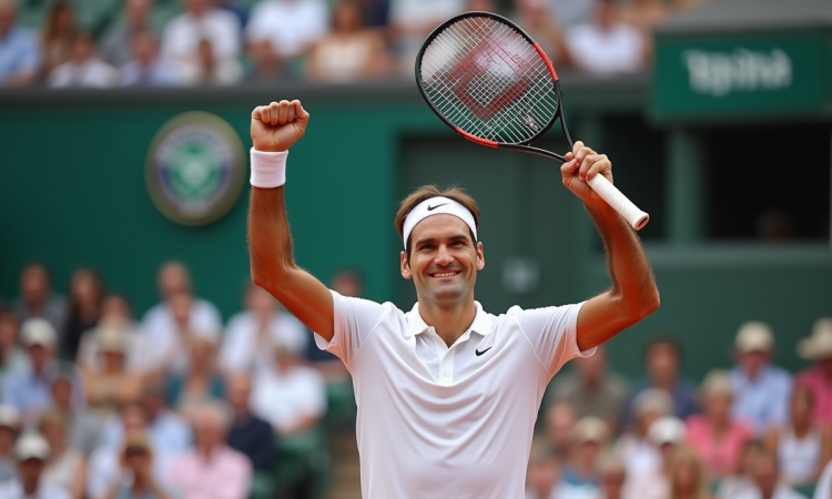 Roger Federer souriant avec raquette en main sur terre battue