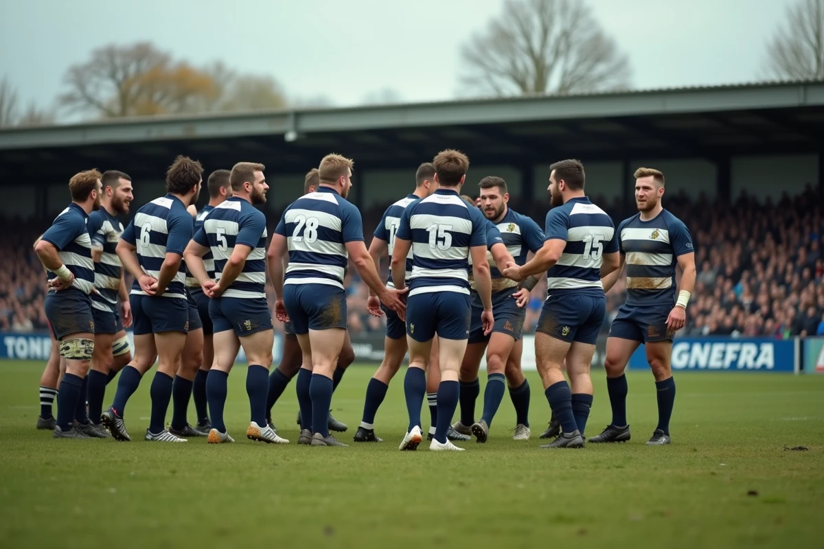 Joueurs de rugby en mêlée ouverte lors d'une touche en Fédérale 2 poule 4, ambiance de stade régional français en automne