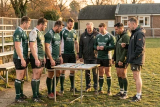 Joueurs de rugby amateur écoutant les consignes de leur entraîneur en bord de terrain lors d'un match de fédérale ou d'excellence régionale