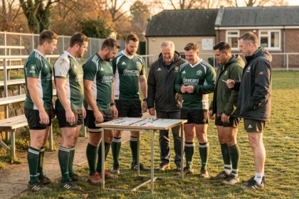 Joueurs de rugby amateur écoutant les consignes de leur entraîneur en bord de terrain lors d'un match de fédérale ou d'excellence régionale