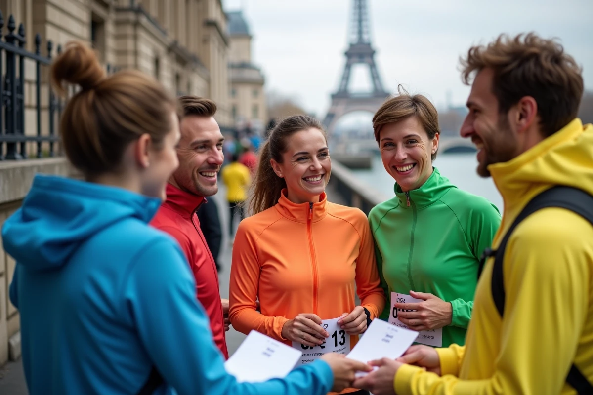 Groupe de coureurs échangeant leurs dossards près de la Seine