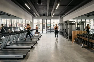 Vue panoramique d'une salle de sport moderne en Côte-d'Or avec équipements de fitness et adhérents en pleine séance