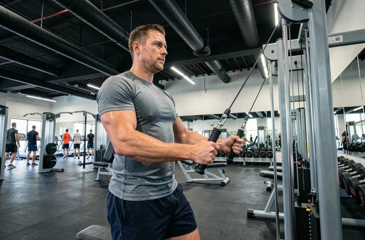 Homme utilisant un appareil de musculation dans une grande salle de sport avec équipements premium et espace ouvert