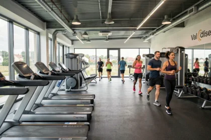 Vue panoramique d'une salle de sport moderne dans le Val-d'Oise avec des équipements de fitness variés et des adhérents en train de s'entraîner