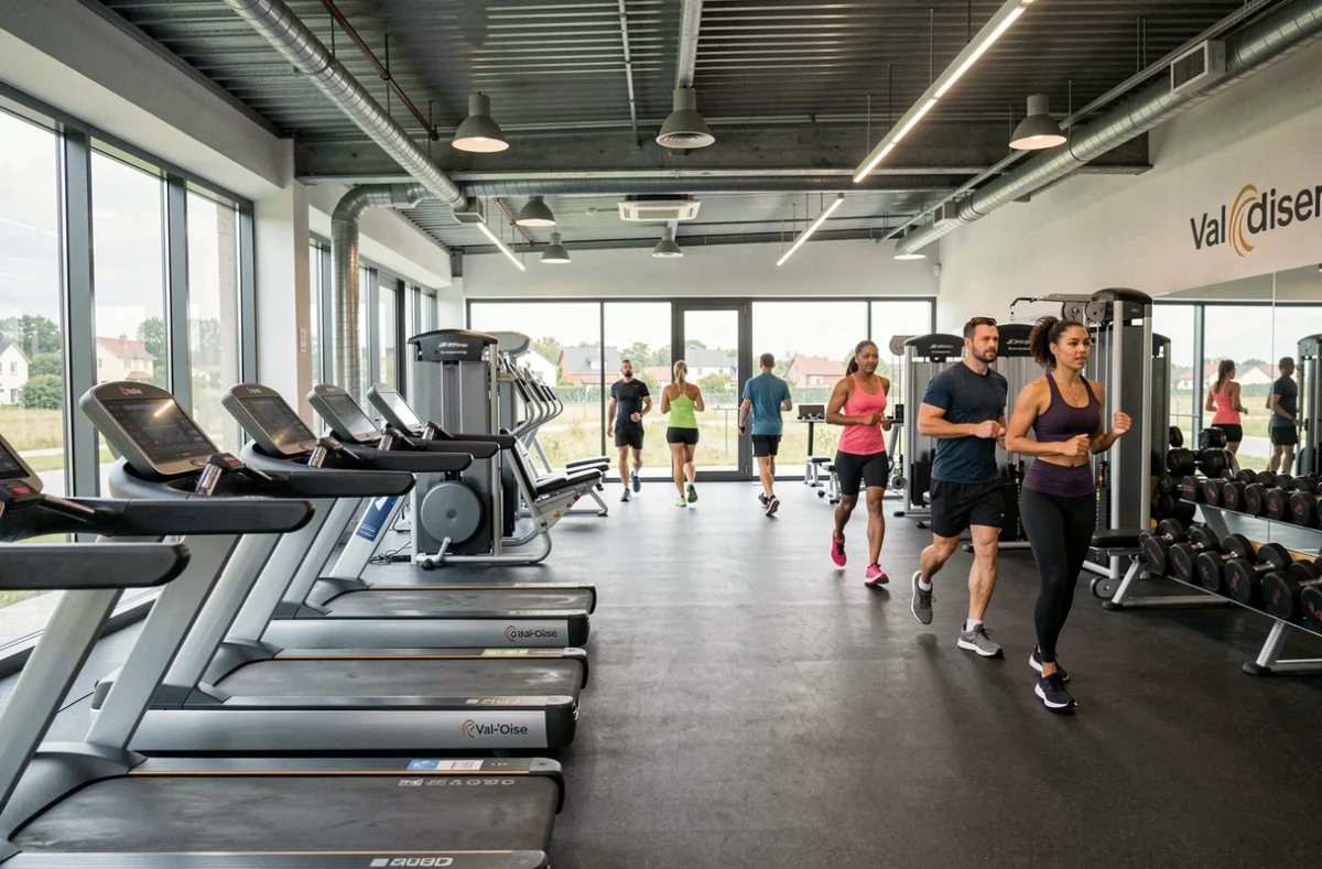 Vue panoramique d'une salle de sport moderne dans le Val-d'Oise avec des équipements de fitness variés et des adhérents en train de s'entraîner